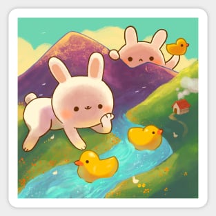 Giant Bunnies Playing with Ducks Sticker